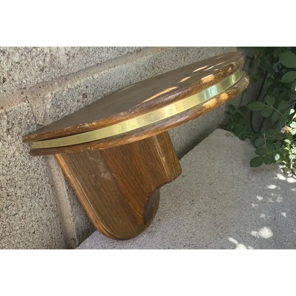 Vintage Dark Wood Single Wall Shelf Brass-Tone Trim Tinkets Candle Cottage